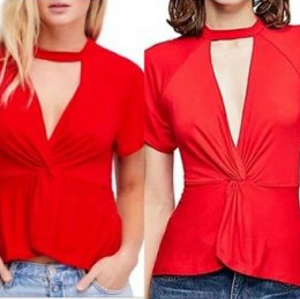 Free People Red Choker Neckline Deep V Opening Knotted Bodice Top size S